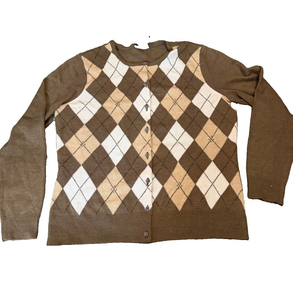 Y2K New York & Company Argyle Cardigan Sweater XL Brown Rhinestone Buttons